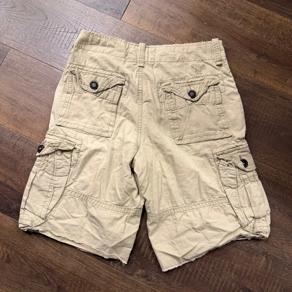 Vintage Y2K American Eagle Men's 28 Khaki Ripstop Cargo Shorts Baggy Skater